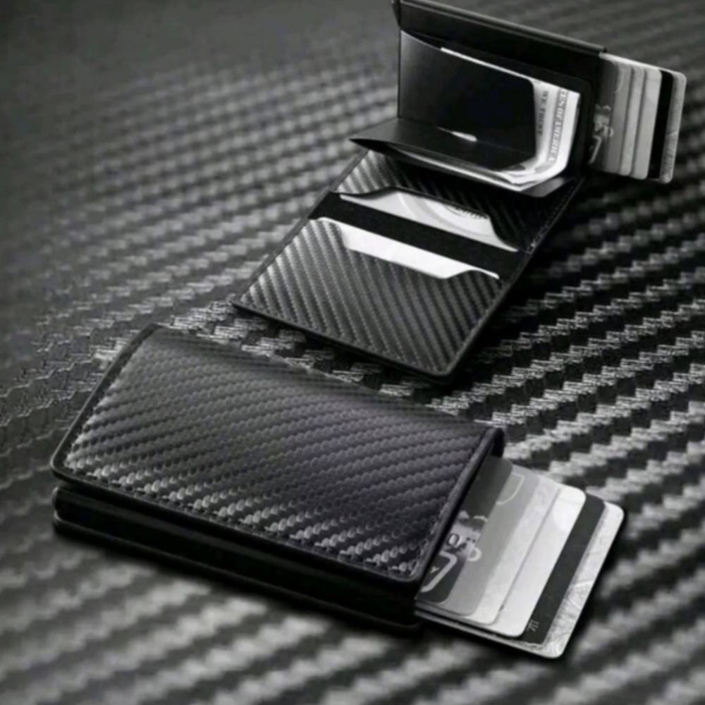 Minimalist Catbon Fibber Bifold Slim Men's Wallet Black With Pop-up Cards - Picture 7 of 8